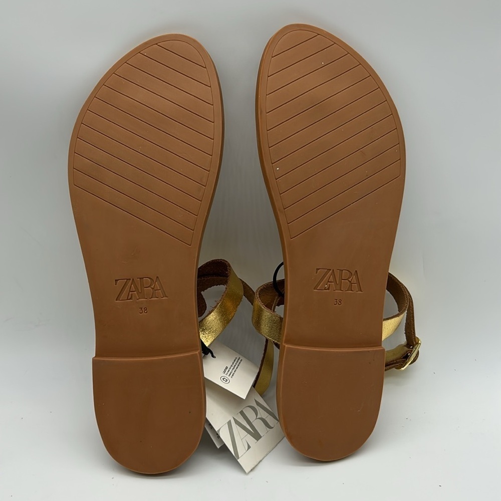 ZARA Gold Leather Thong Flat Sandals | Size 7.5 | Made in India NWT - Picture 8 of 11
